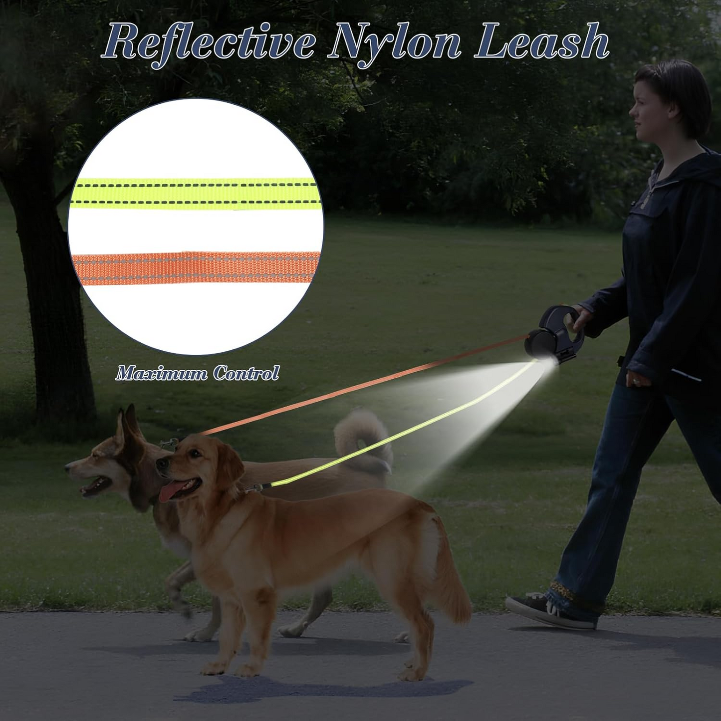 Retractable Dual Dog Leash with 360° Swivel & Reflective Lead