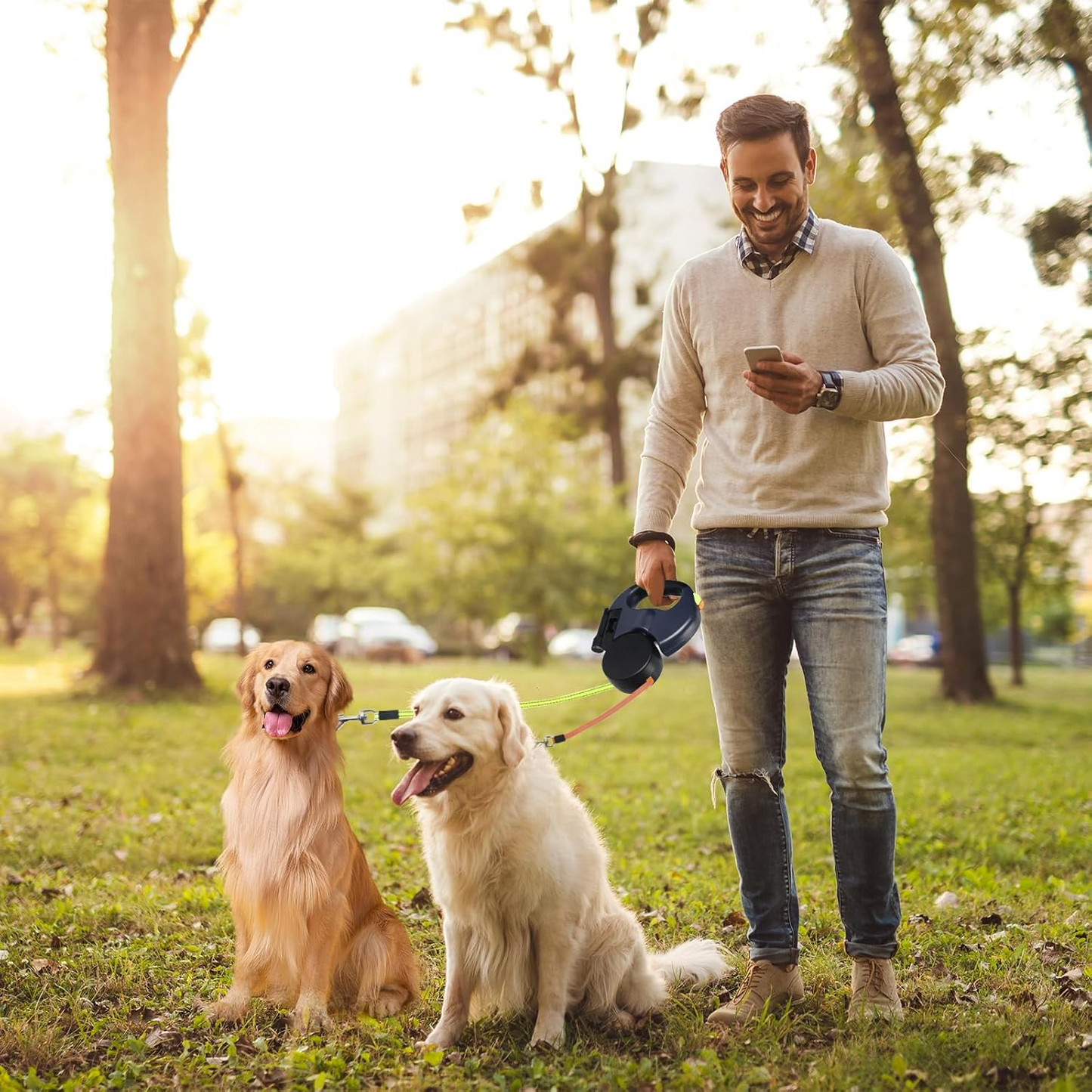 Retractable Dual Dog Leash with 360° Swivel & Reflective Lead