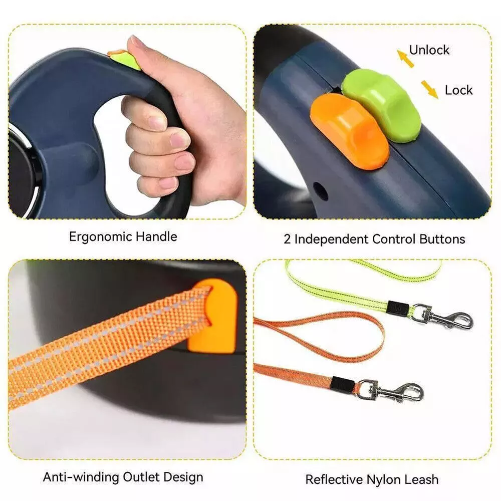 Retractable Dual Dog Leash with 360° Swivel & Reflective Lead