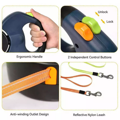 Retractable Dual Dog Leash with 360° Swivel & Reflective Lead