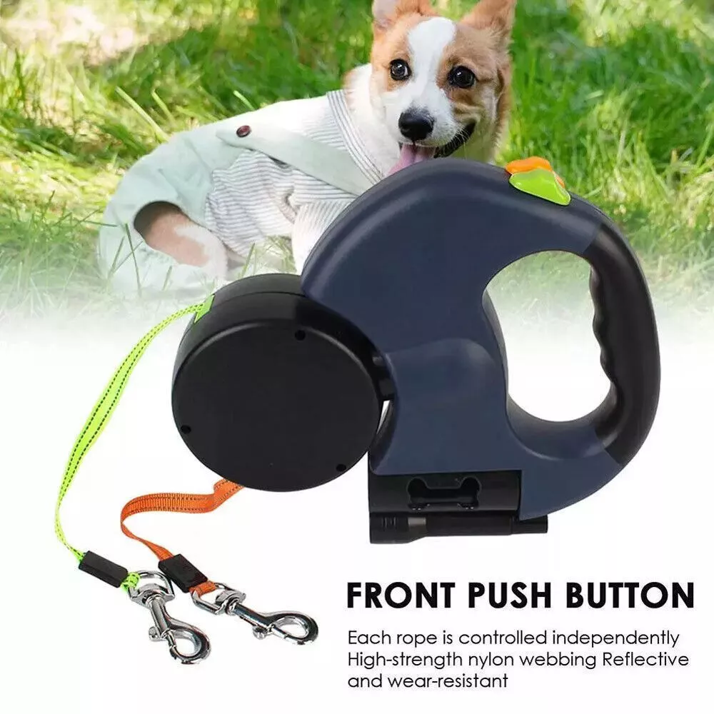 Retractable Dual Dog Leash with 360° Swivel & Reflective Lead