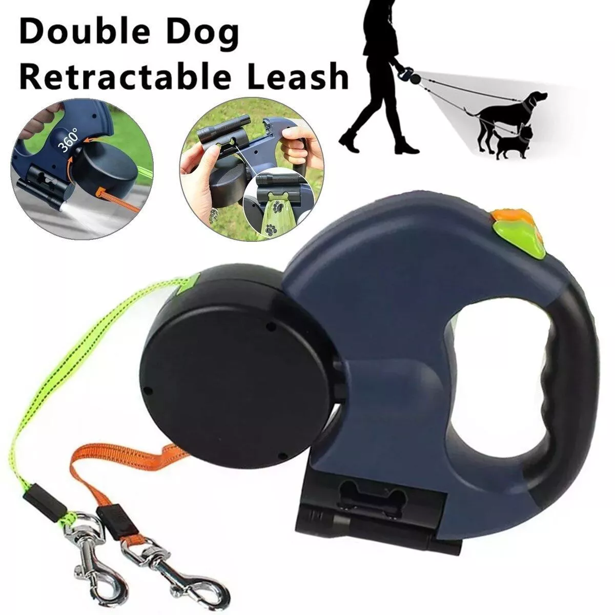 Retractable Dual Dog Leash with 360° Swivel & Reflective Lead