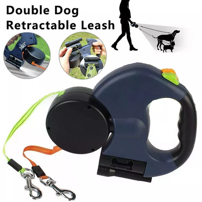 Retractable Dual Dog Leash with 360° Swivel & Reflective Lead
