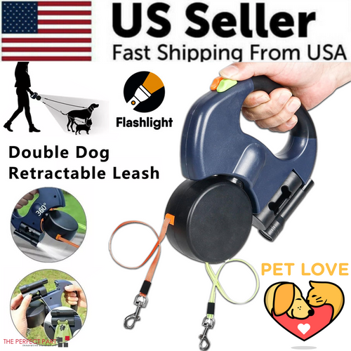 Retractable Dual Dog Leash with 360° Swivel & Reflective Lead